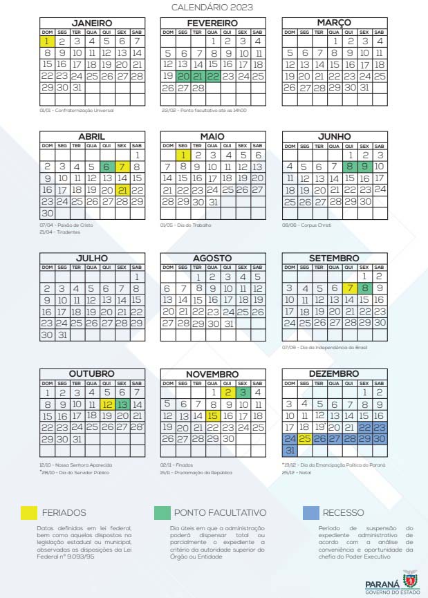 Calendário de feriados e pontos facultativos de 2023 do Paraná