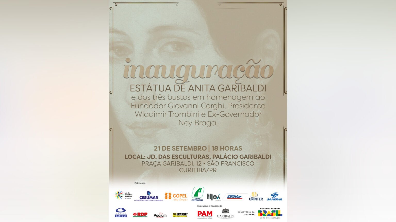 Palácio Garibaldi inaugura escultura de Anita Garibaldi