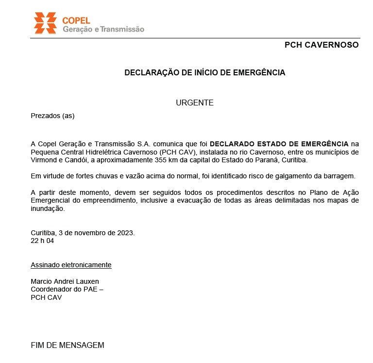 Copel declara situação de emergência em Central Hidrelétrica