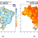 Previsão de anomalias de (a) precipitação e (b) temperatura média do ar do modelo climático do Inmet para o mês de fevereiro de 2024.