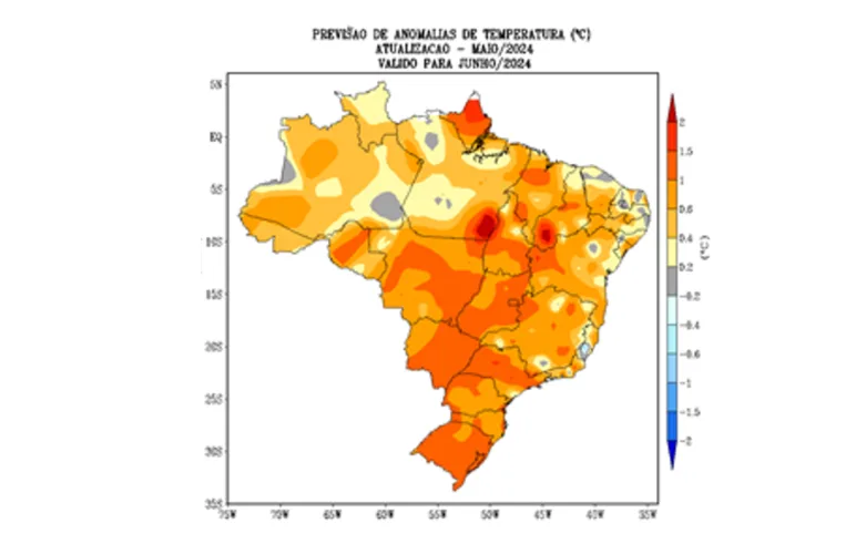 Mapa das temperaturas em junho no Brasil