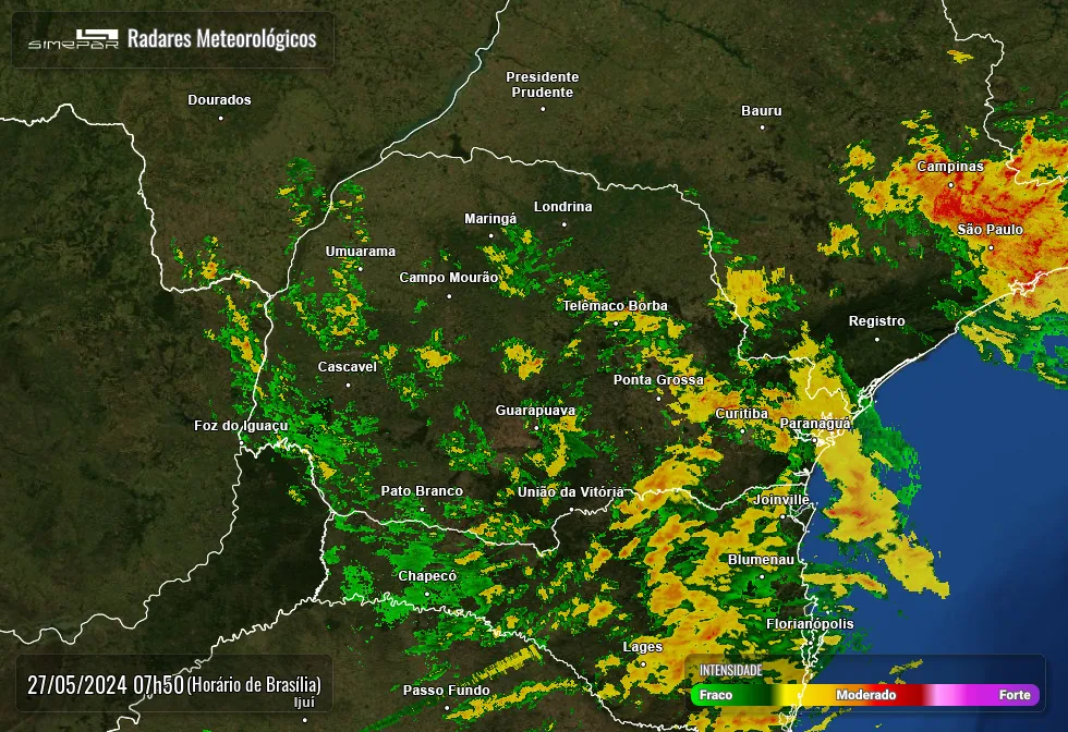 Radar Simepar, previsão do tempo no Paraná