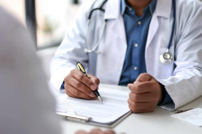 Médico escrevendo no prontuário