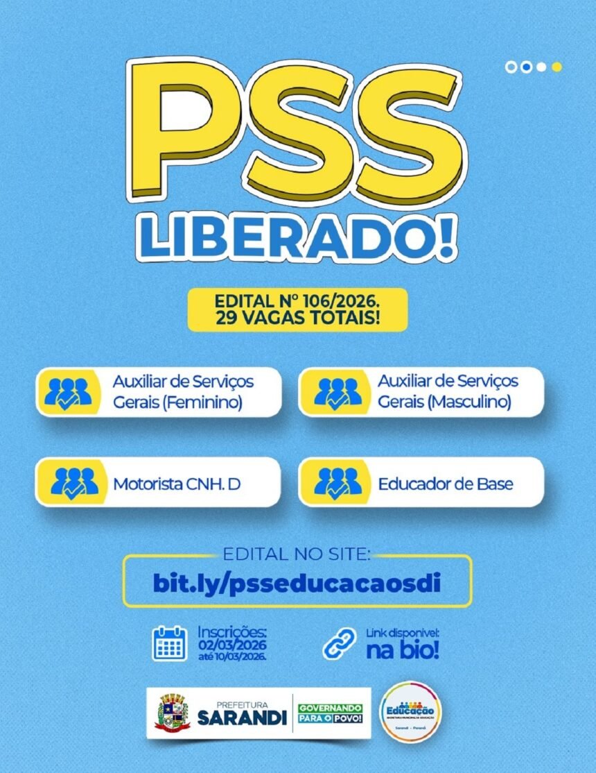 Prefeitura de Sarandi abre PSS com 29 vagas para contratação temporária