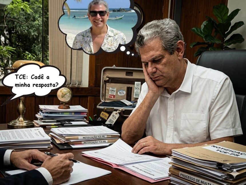 O prefeito de Maringá, Silvio Barros, parece ter uma rotina cada vez mais definida: a mala pronta, o destino marcado e a agenda de viagens sempre cheia. Foto ilustração gerada pela inteligência Artificial do Google Gemini.