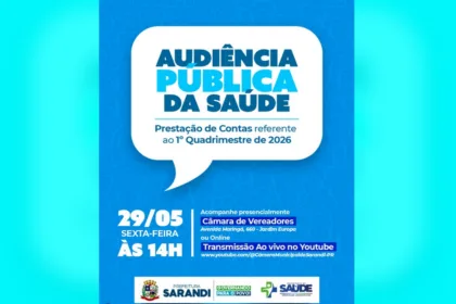 Secretaria Municipal de Saúde, convida toda a população para participar da Audiência Pública de Prestação de Contas referente ao 1º quadrimestre de 2026