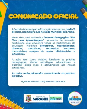 A Prefeitura de Sarandi informou que não haverá aulas na Rede Municipal de Ensino na próxima segunda-feira, 11 de maio.
