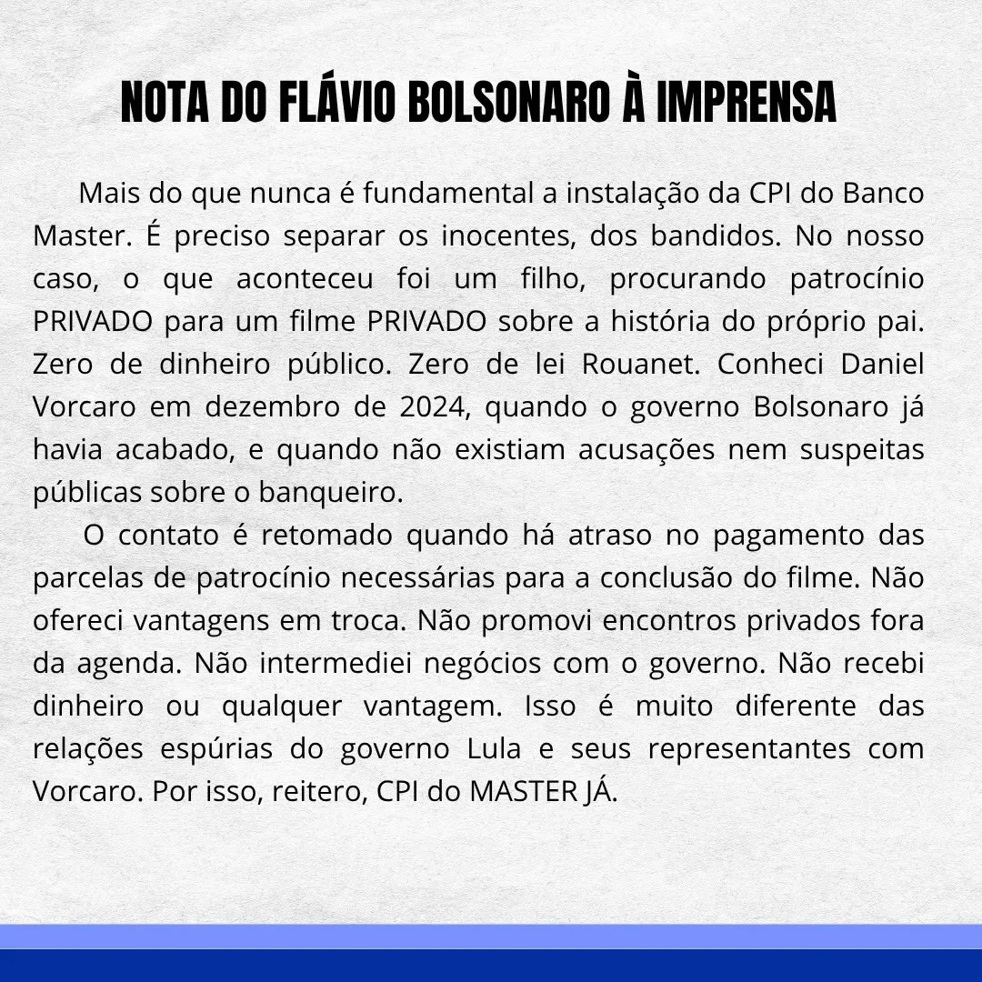 Nota do Flávio Bolsonaro à imprensa (Íntegra)