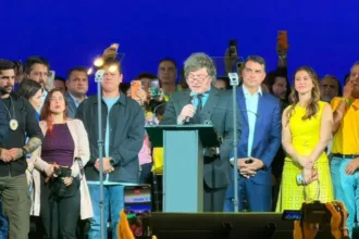 Presidente da Argentina, Javier Milei,em São Paulo, na convenção do Partido Liberal (PL) que oficializou a candidatura de Flávio Bolsonaro