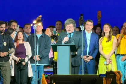 Presidente da Argentina, Javier Milei,em São Paulo, na convenção do Partido Liberal (PL) que oficializou a candidatura de Flávio Bolsonaro