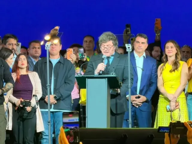 Presidente da Argentina, Javier Milei,em São Paulo, na convenção do Partido Liberal (PL) que oficializou a candidatura de Flávio Bolsonaro
