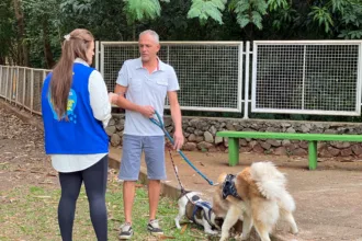 Secretaria de Proteção e Bem-Estar Animal de Maringá orienta tutores sobre uso de guia e guarda responsável em ação no Parque Buracão