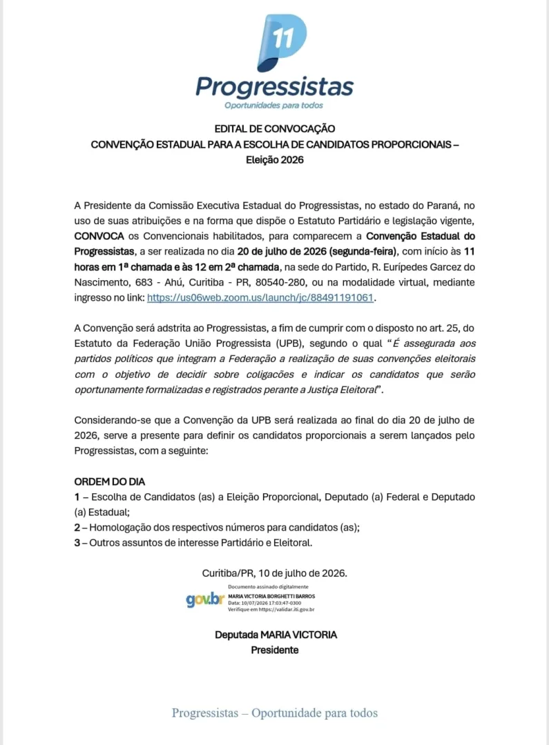Progressistas convoca convenção para o dia 20; chapa majoritária será definida em 5 de agosto
