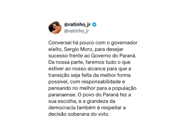 Ratinho Junior parabeniza Sergio Moro e promete transição responsável no Paraná