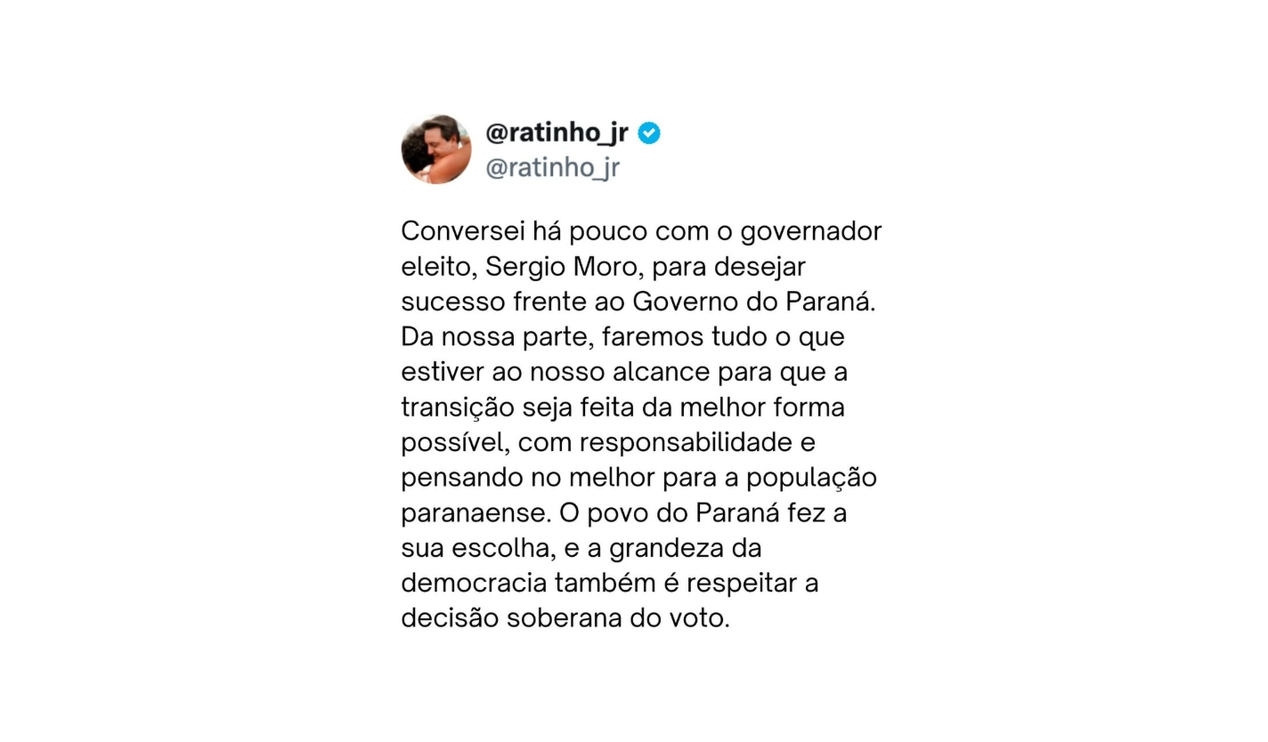 Ratinho Junior parabeniza Sergio Moro e promete transição responsável no Paraná