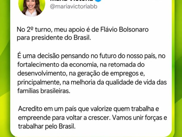 Maria Victoria parabeniza Sergio Moro e declara apoio a Flávio Bolsonaro no segundo turno