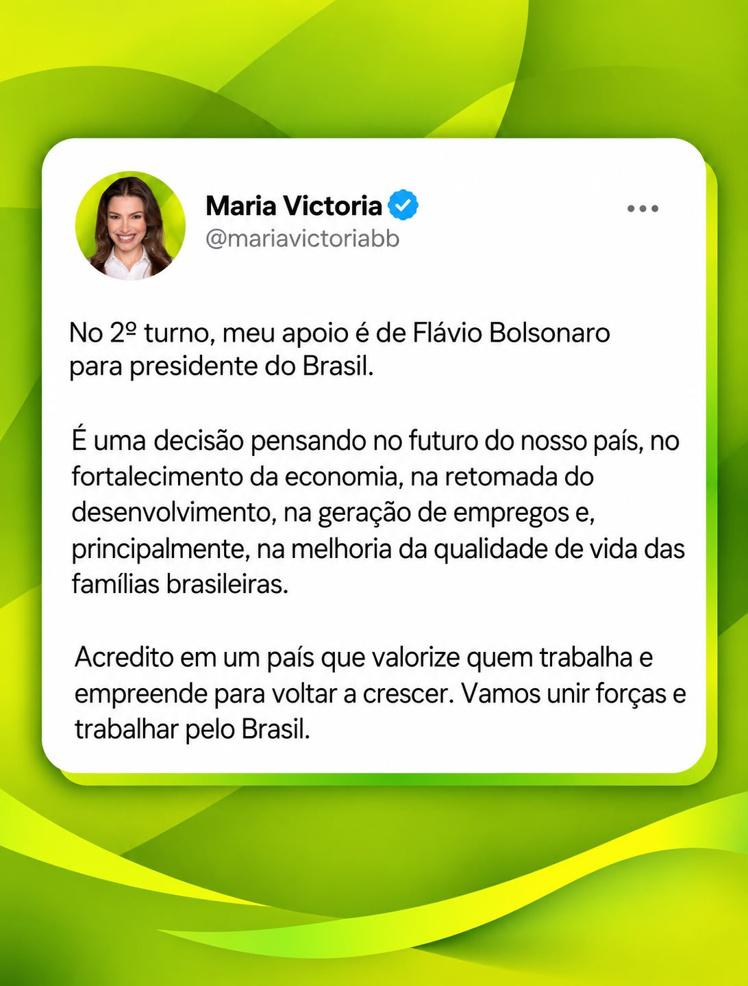 Maria Victoria parabeniza Sergio Moro e declara apoio a Flávio Bolsonaro no segundo turno