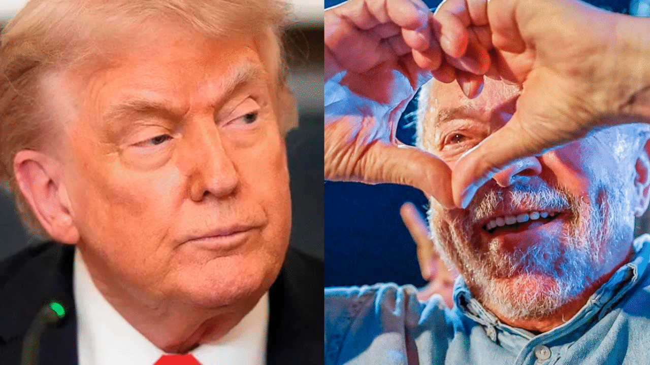 Donald Trump e Lula fazendo coraçãozinho com as mãos