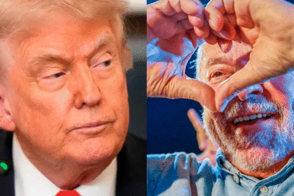 Donald Trump e Lula fazendo coraçãozinho com as mãos