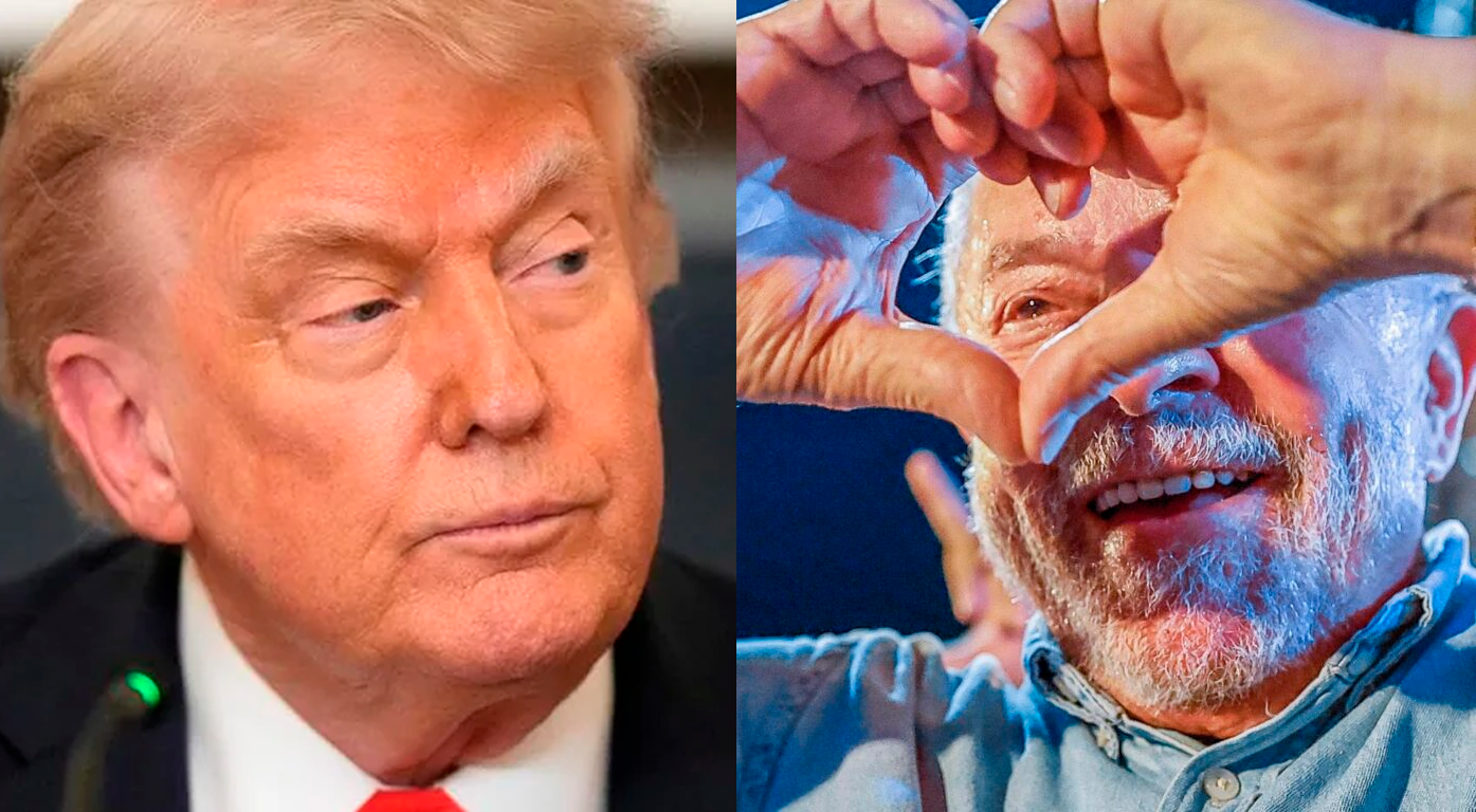 Donald Trump e Lula fazendo coraçãozinho com as mãos