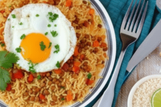 Arroz com lentilha e ovo frito