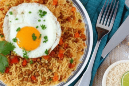 Arroz com lentilha e ovo frito
