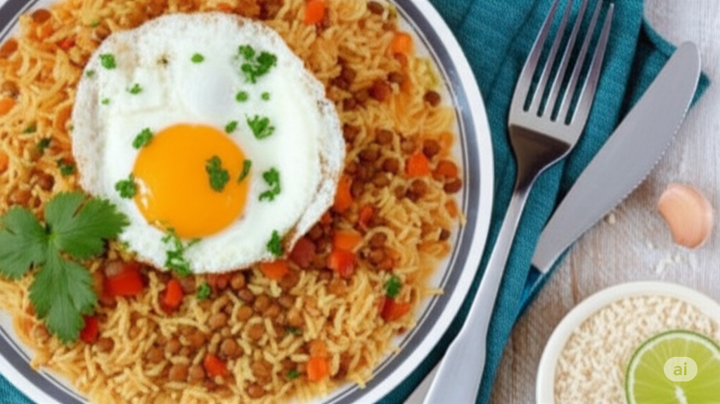 Arroz com lentilha e ovo frito