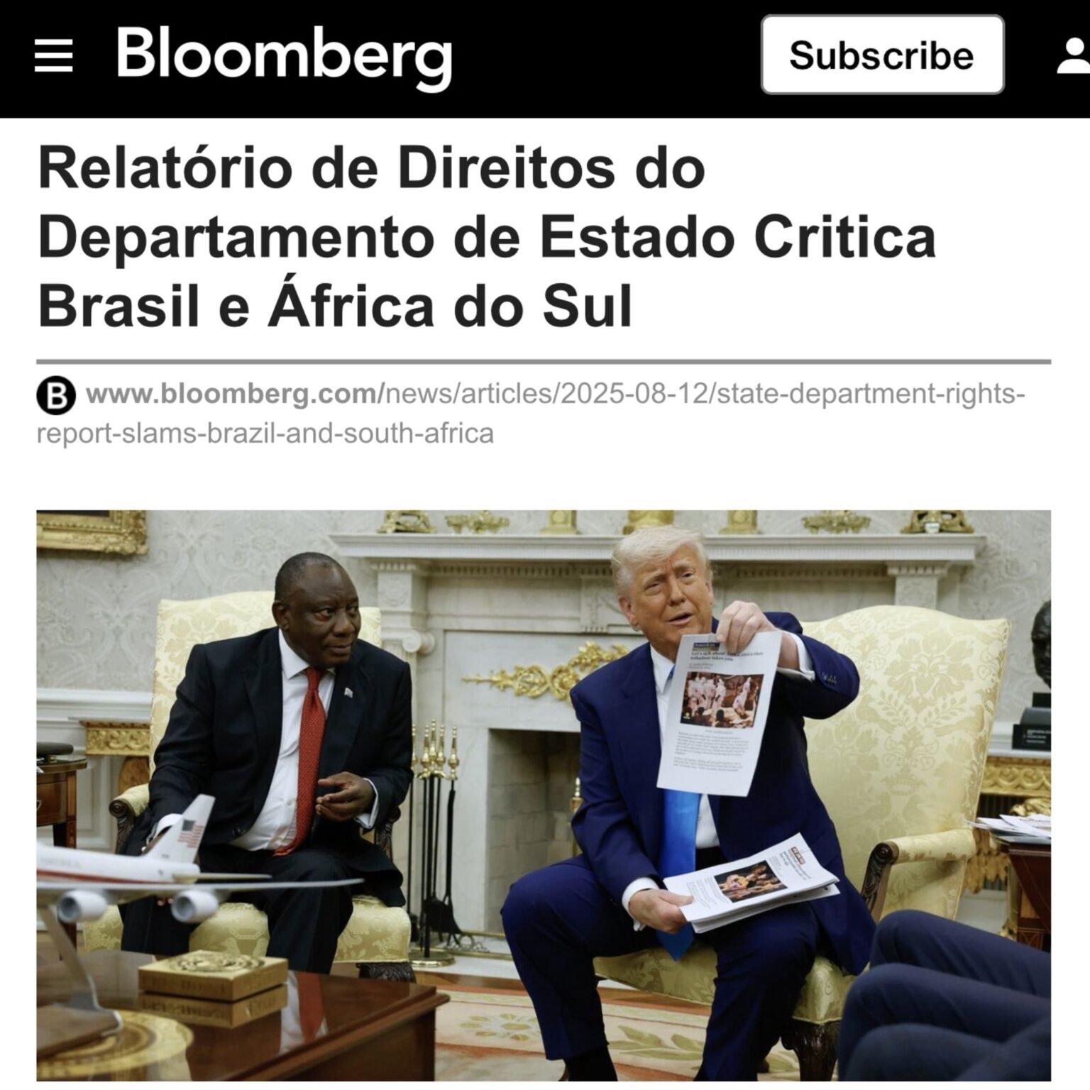 Relatório dos EUA sobre violação de direitos humanos no Brasil e na África do Sul é destaque na Bloomberg