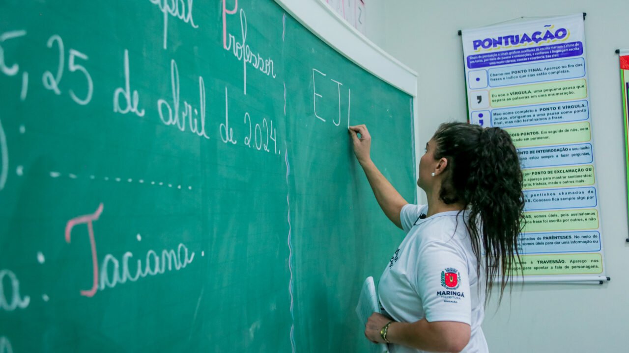 Professora escrevendo no quadro na sala de aula