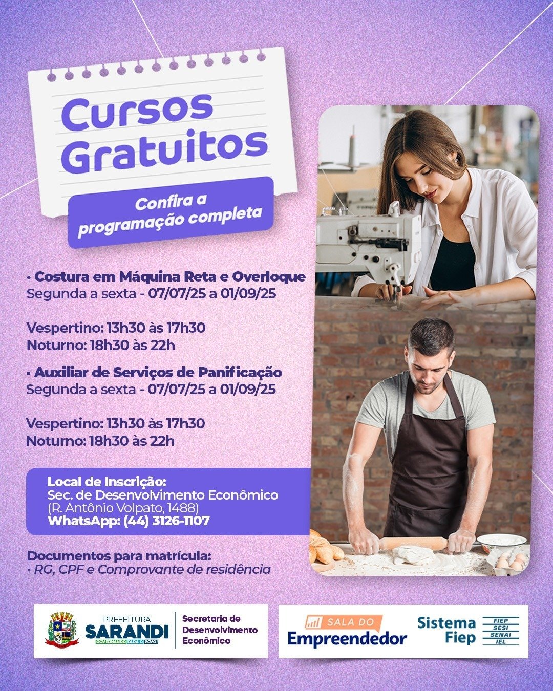 Sarandi abre inscrições para cursos gratuitos de costura industrial e panificação