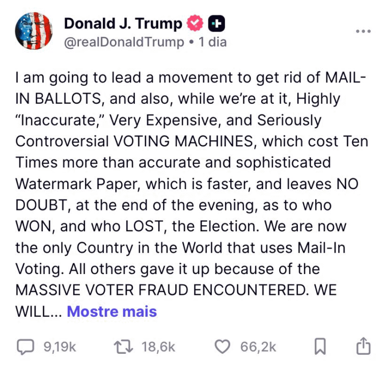Publicação de Donald Trump na Truth Social sobre o sistema de votação dos EUA.