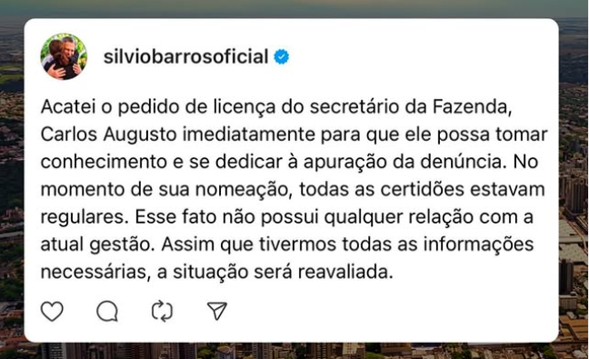 Prefeito Silvio Barros se manifesta sobre caso do Secretário de Fazenda de Maringá